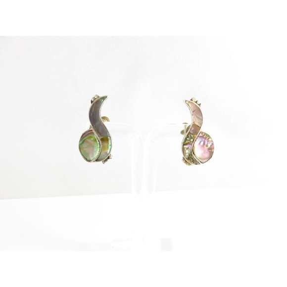 Vintage Taxco Mexico 940 Silver Abalone Screw Back Bird Earrings - Picture 6 of 7